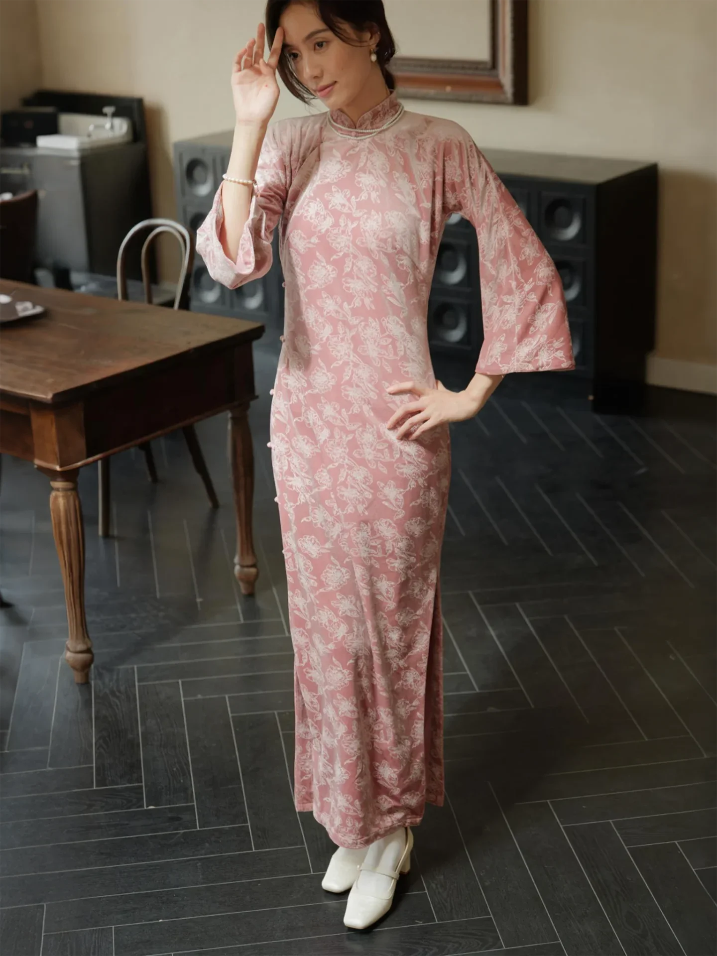 

Velvet Full Opening Gown Eight Sves Long Red Lip Soft Vintage Daily Warm Long Sve Maxi Dr