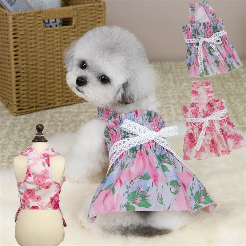 

Floral Dog Clothes Summer Girls Sling Hoodie Vest Dog Dress For Small Medium Dogs Chihuahua Bichon Puppy Skirt Dress Apparels XS