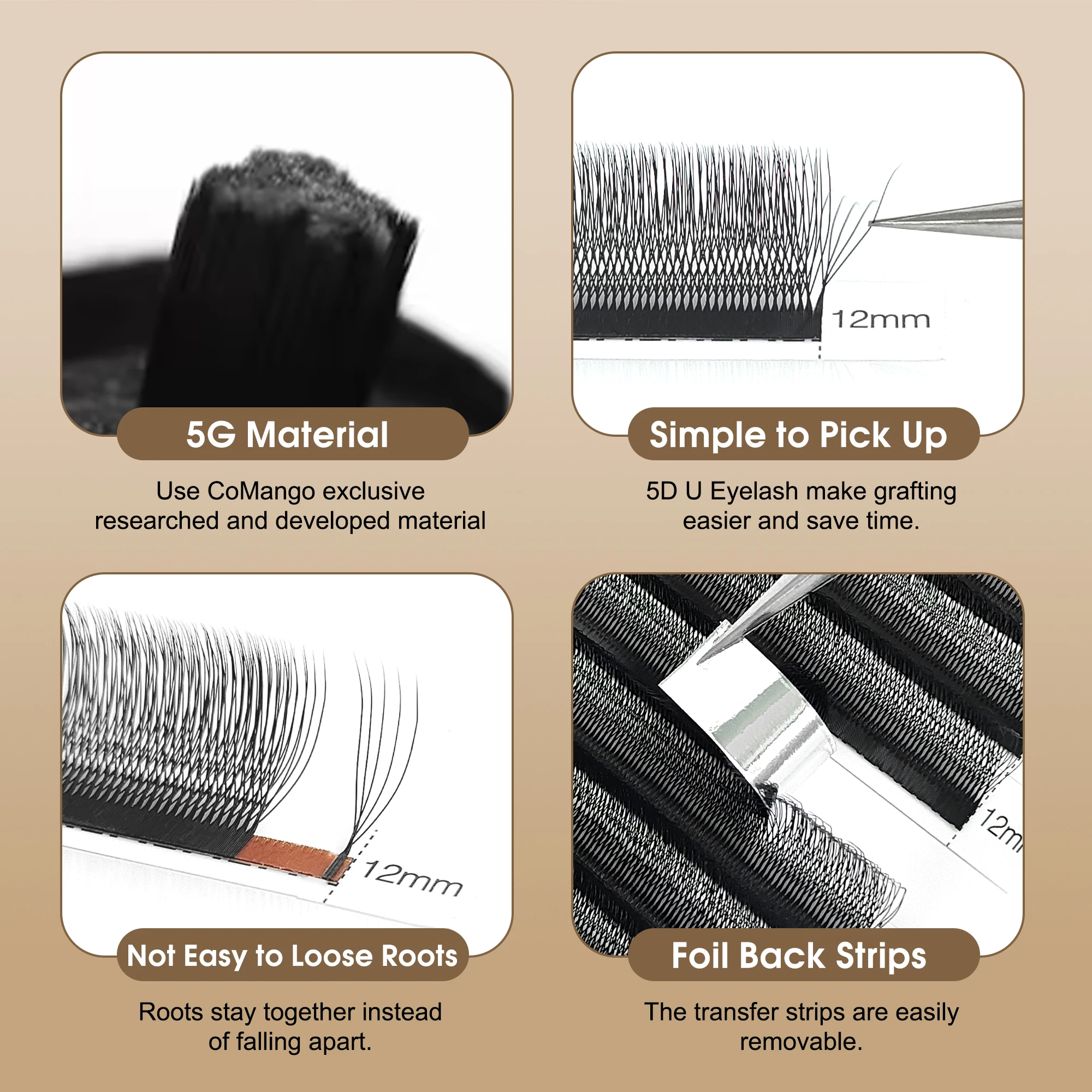 CoMango 12 rangées de faux cils noirs mats en forme de U 3/4/5D C/D cils naturels W faux cils fleuris