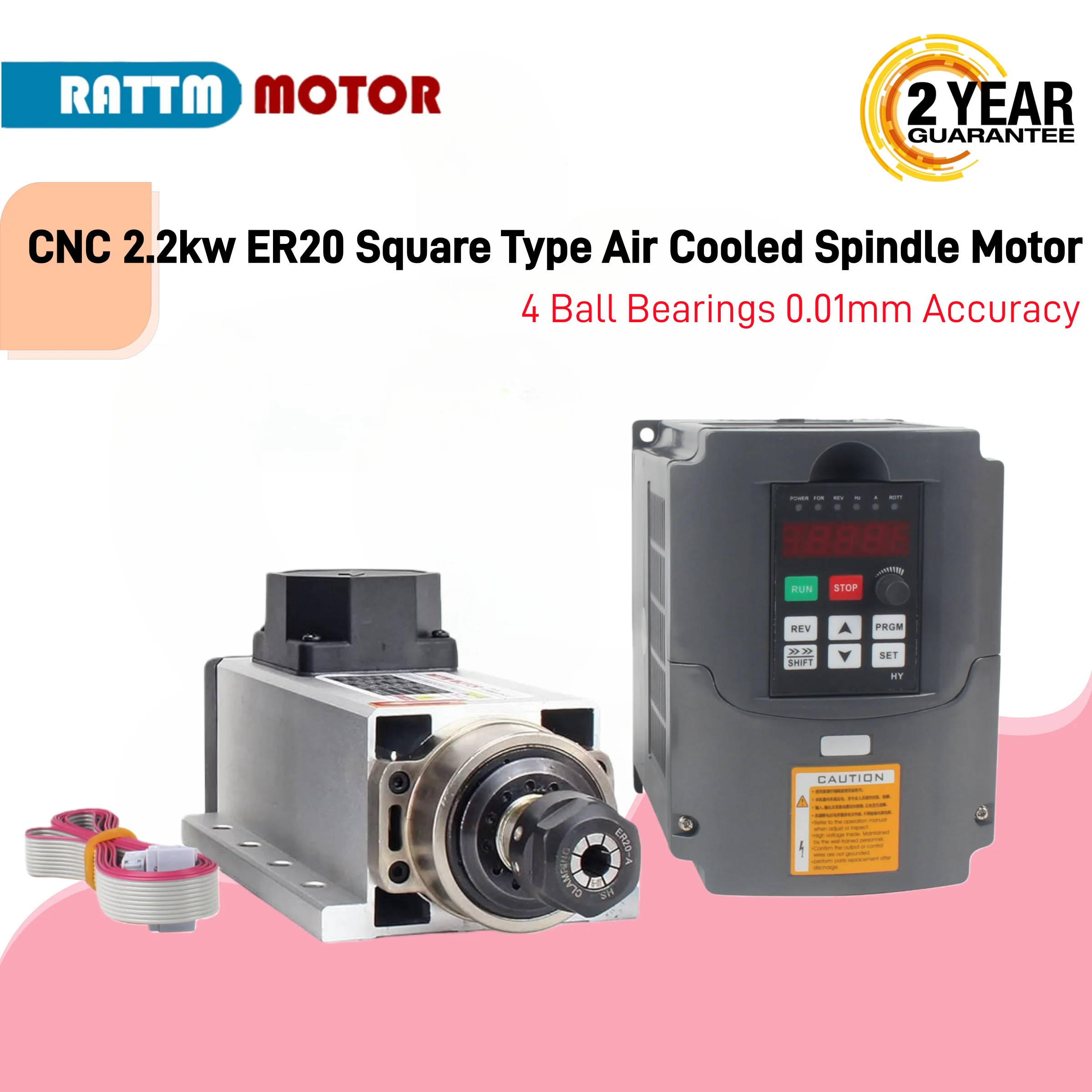 2.2kw CNC Square cnc air cooled Spindle Motor 24000RPM ER20 Runout-off 0.01mm 4bearing & 2.2KW HY VFD Inverter