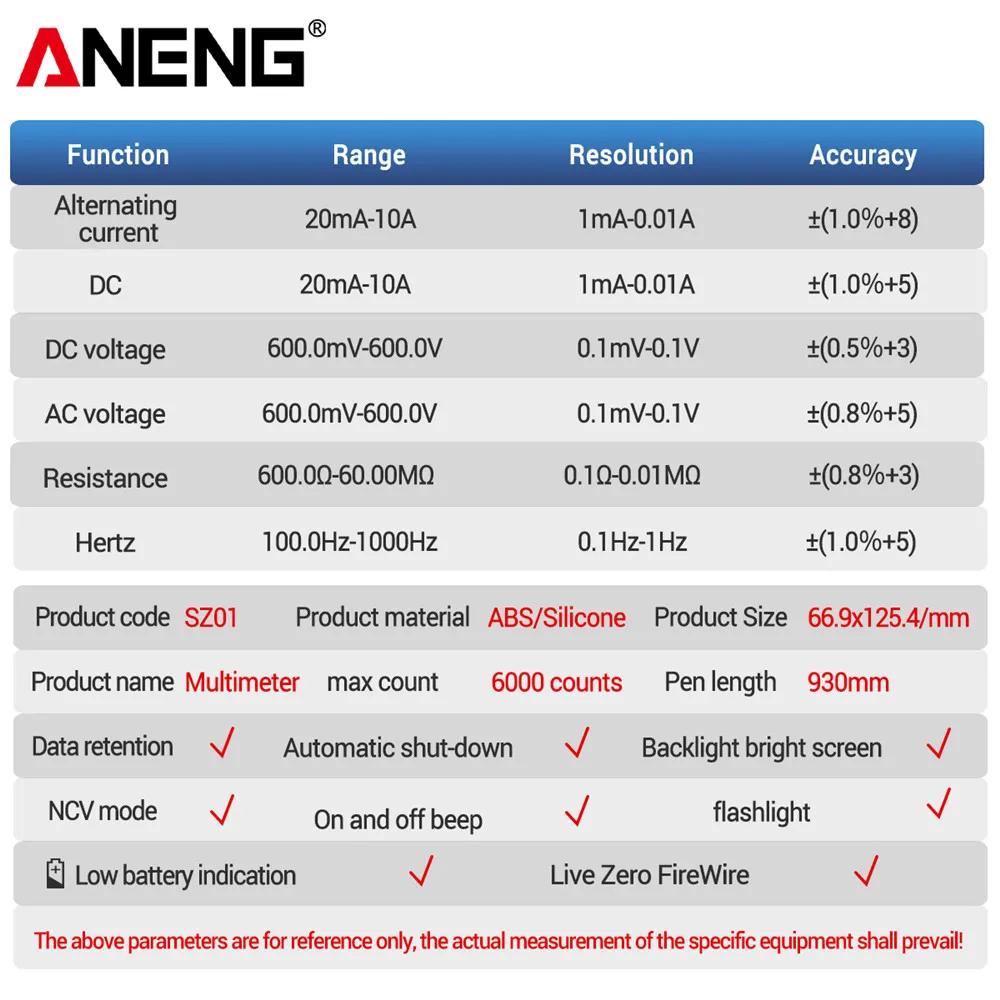 ANENG SZ01 6000 Count Digital Professional Multimeter Electric Capacitance Meter AC/DC Current Voltage Tester Electrician Tools