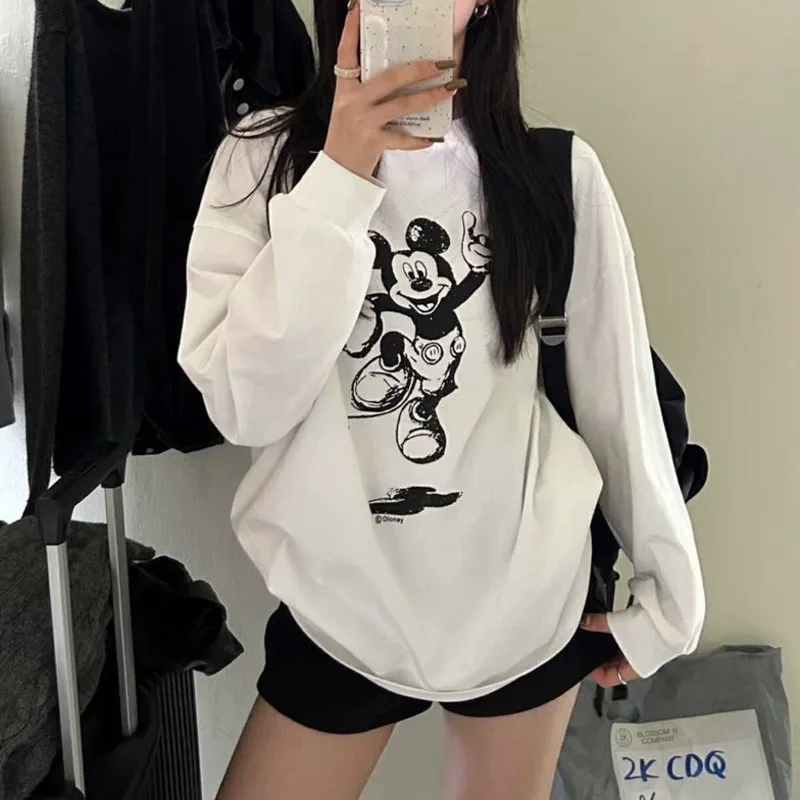 

Disney Mickey Mouse Pure Cotton Korean Version T-shirt Spring New Cartoon Printed Long Sleeve Tees Women Loose Casual Simple Top