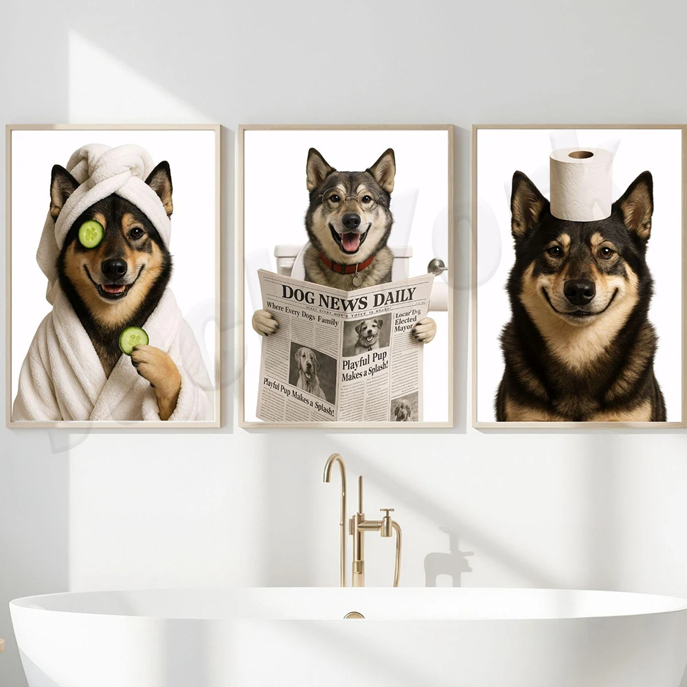 Deer in bathrobes, East Siberian Laika, Dutch Shepherd, Dutch Shepherd, Drenthe Patri, Dachshund reading, bathroom posters