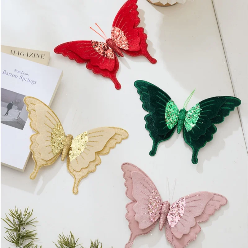 

2Pcs Christmas Tree Decoration Dress Up High-grade Velvet Double Simulation Butterfly Christmas Flower Christmas Decorations