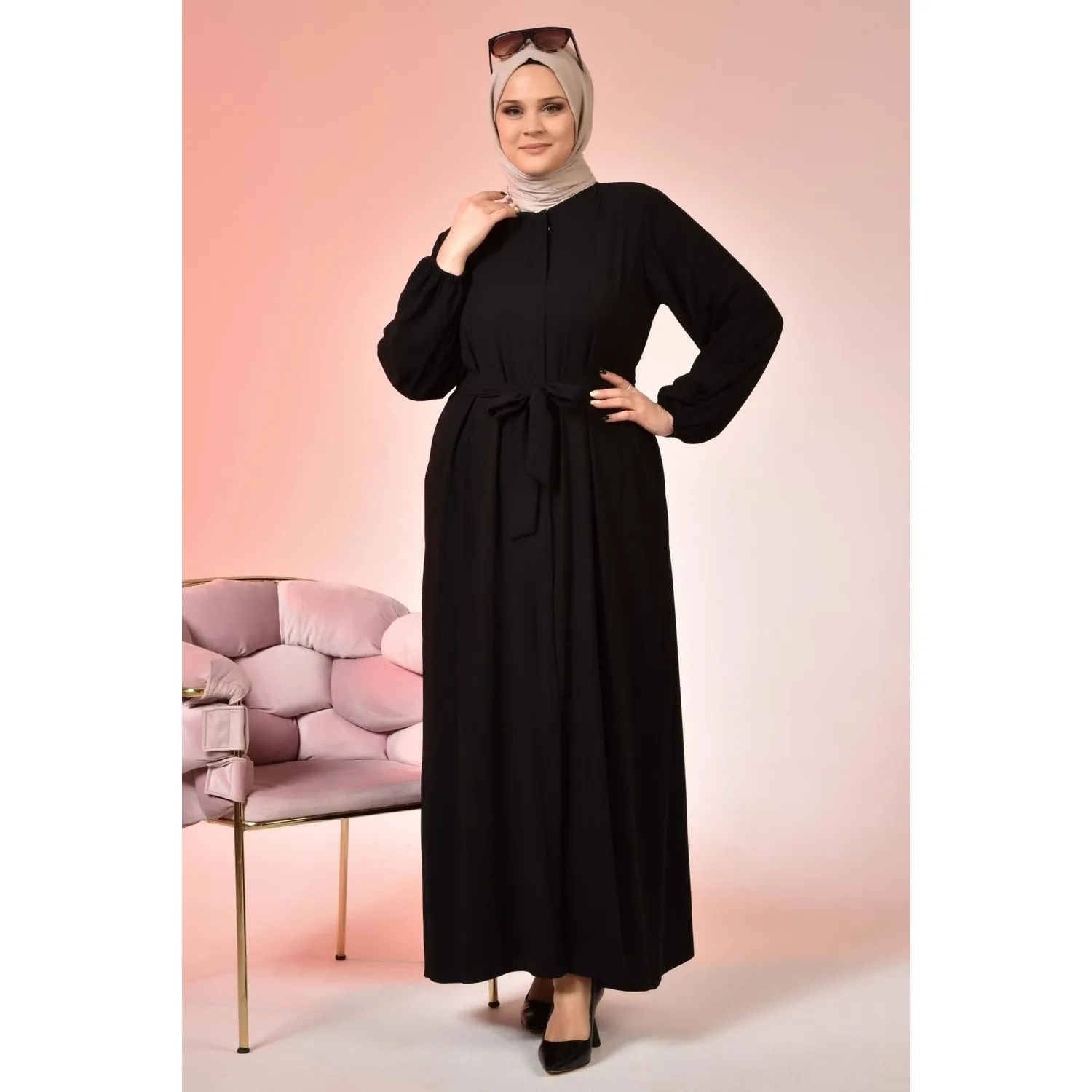 

Muslim Women Hijab Balloon Sleeve Abaya Waist Belted Zero Collar Front Zippered Pocket Unlined Oversize Pattern