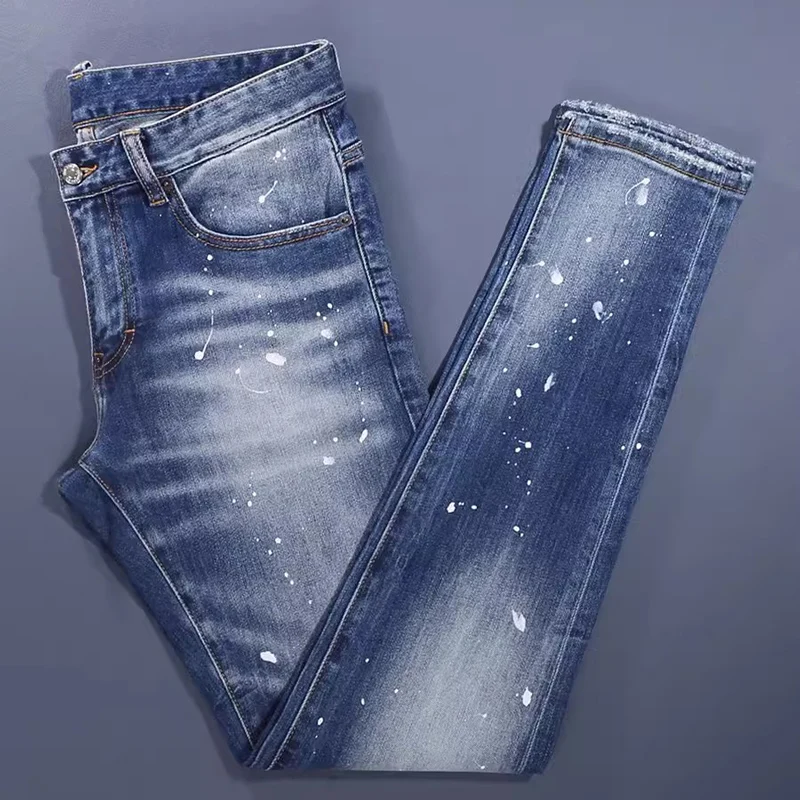 y2kMen LightBlue Whisker Gradient Wash White Paint Splatter Distressed Abrasion Stretch Skinny Denim Jeans Hip‑Hop Streetwear