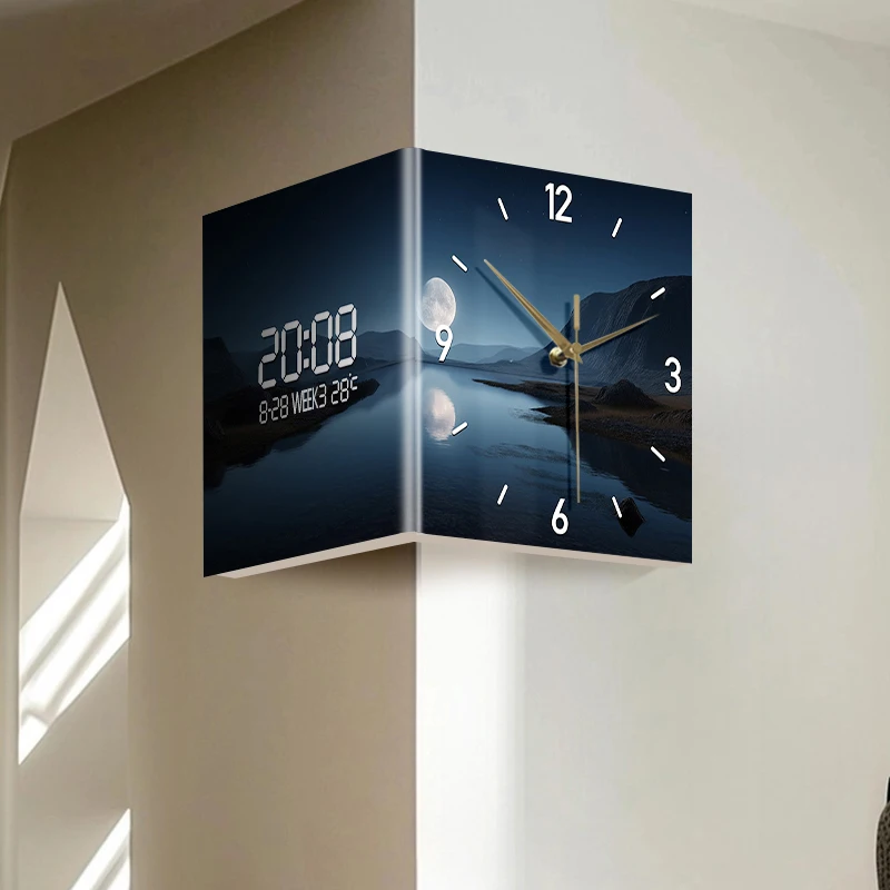 Double-Sided Corner Wall Clock with Pointer Style, Featuring Night Scenery, Landscape and Starry Sky Patterns, Made of Acrylic