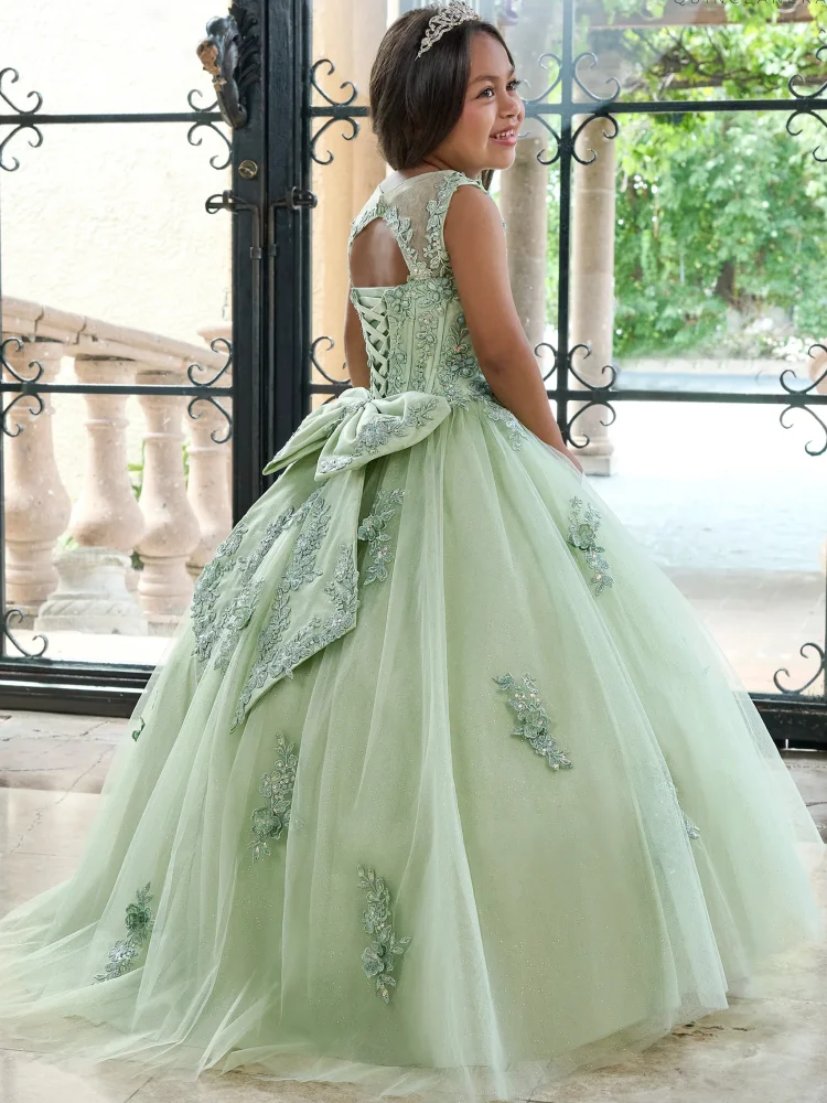 Flower Girls Dresses Green Tulle Flory Appliques With Bow Sleeveless For Wedding Birthday Party Banquet Holy Communion Gowns