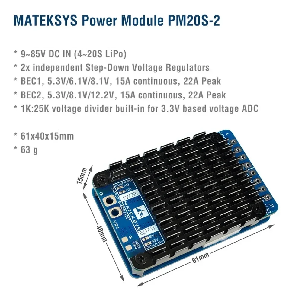 MATEK MATEKSYS PM20S-2 POWER MODULE With Two Independent Step-Down Voltage Regulators 9V-85V DC IN 4-20S Lipo for RC FPV Drone