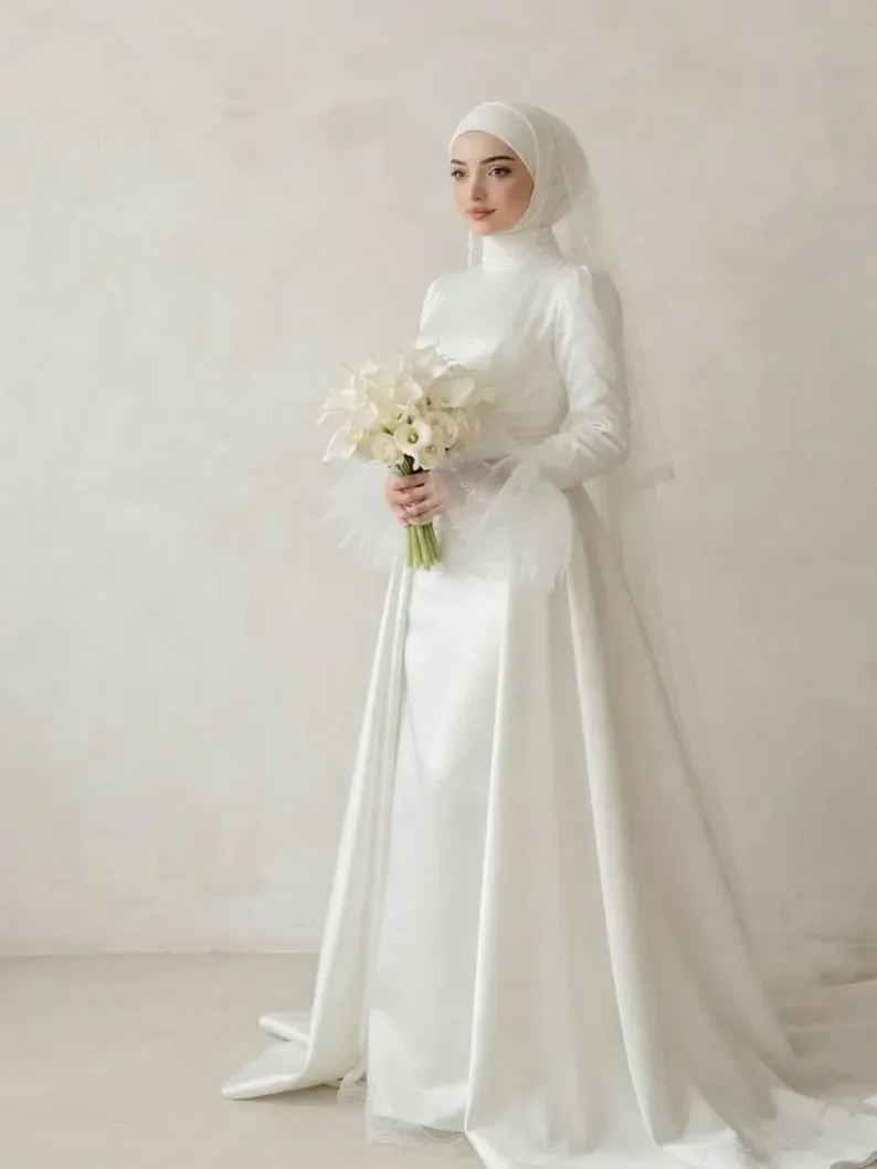Modest Muslim Wedding Dress Long Sleeve High Neck Satin Hijab Bridal Gown Custom Made Custom Size Vestidos de Novia Floor Train