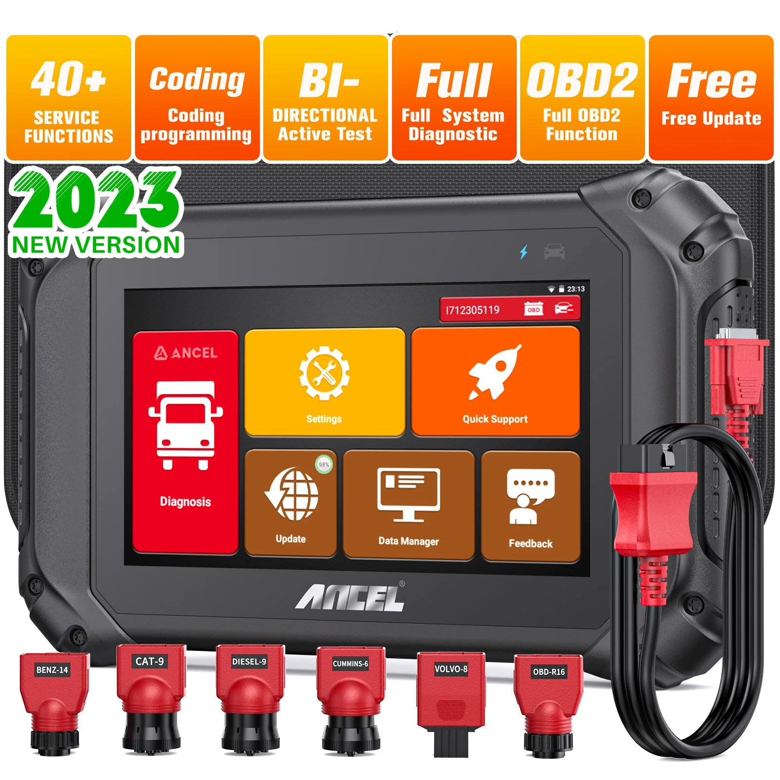 

ANCEL V5 HD OBD2 Heavy Duty Truck Diagnostic Tool All System ECU Coding 40+ Reset BI-directional D.PF Regen Diesel Truck Scanner