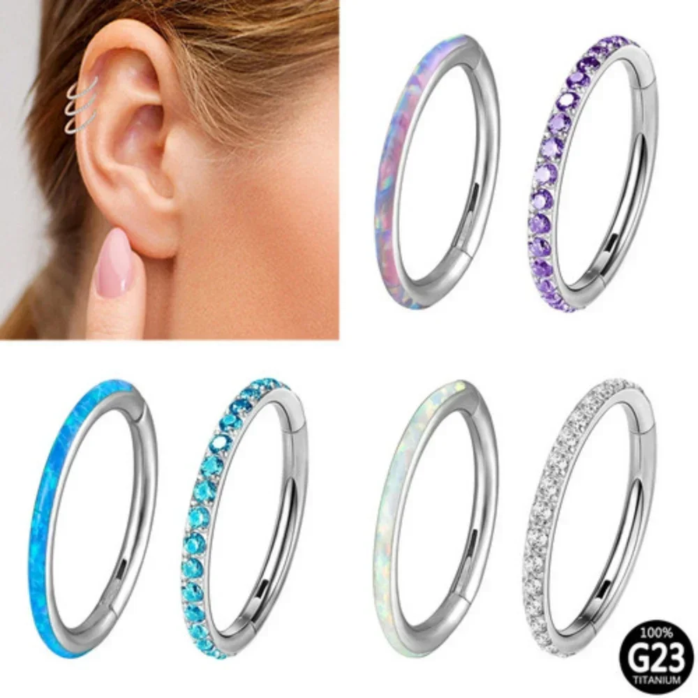 2Pcs G23 Titanium Opal Zircon Set Nose Septum Piercing Ear Tragus Conch Piercing 6-12mm Inner Ring