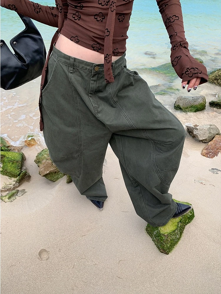 

Jeans Women Denims Wide Leg Pants Floor Length Low Waist Vintage Washed Pockets 2025 Streetwear Loose Trousers Distressed