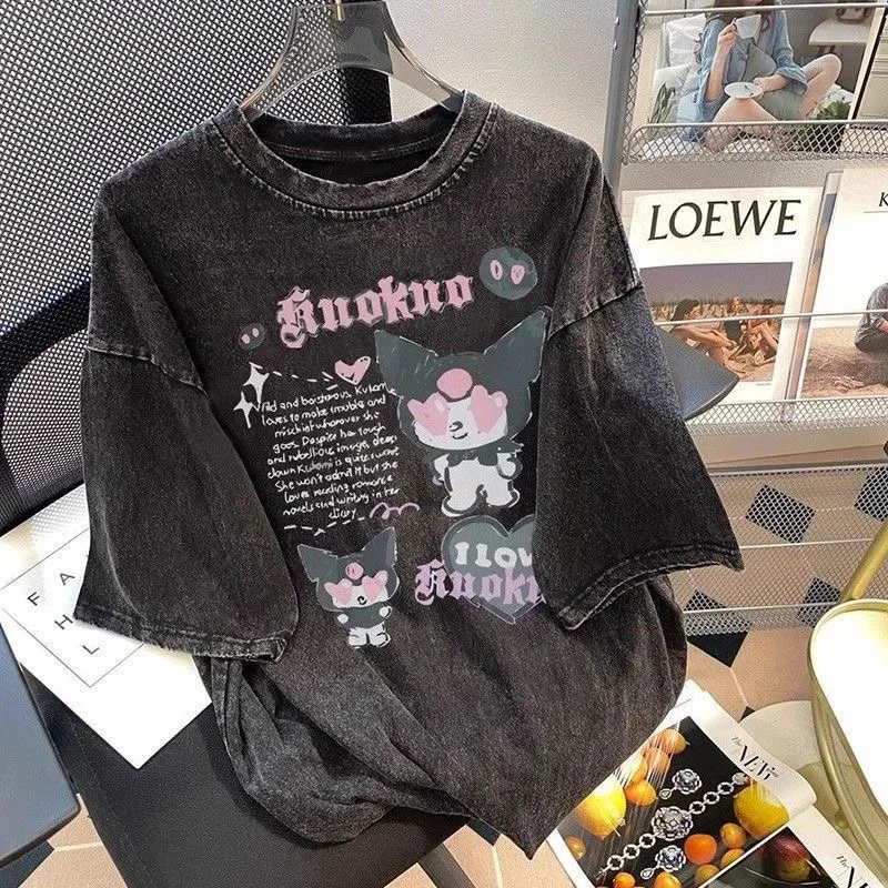 Sanrio Pure Cotton Kuromi Summer Short Sleeved T Shirt Women Japanese Kuromi Washed Oversize Loose Top Vintage Clothes 2024 New