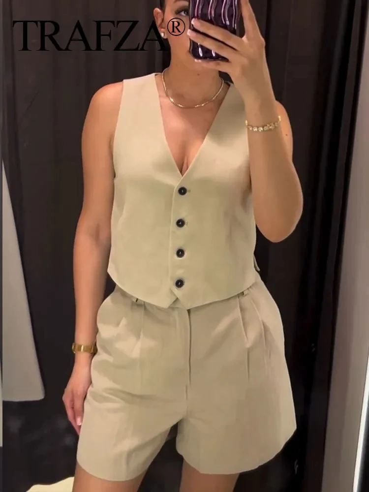 TRAFZA Summer Shorts Set Woman V Neck Single Breasted Crop Vest Sleeveless Slim Top Zipper Fly Female Casual High Waist Shorts