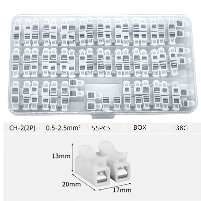 BOX 55 PCS CH-2 Spring Wire Quick Connector 2p Electrical Crimp Terminals Block Splice Cable Clamp Easy Fit Led Strip
