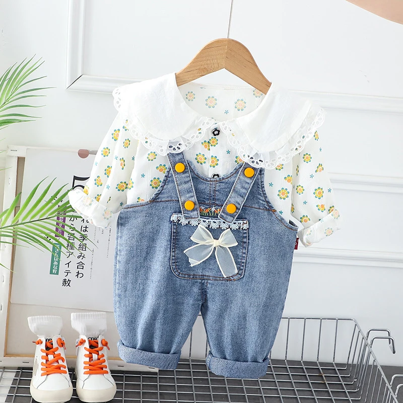 MILANCEL New Spring Kids Clothes Set Girls Cute Flower Blouse + Denim Overalls Children Outwear 2PCS