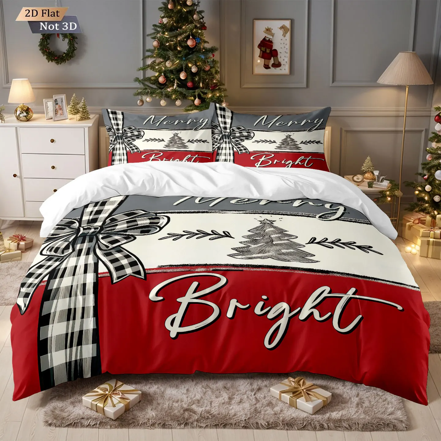 Christmas Bedding Set Red Deer Santa Claus Gingerbread Printed King Queen Size Duvet Cover Set for New Year Home Bedroom Decor