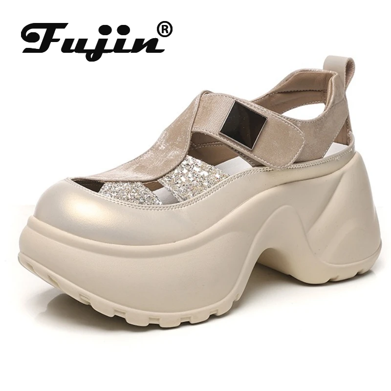 

Дышащие сандалии из микрофибры Fujin, 9 см, тапочки без шнуровки на платформе, на танкетке, брендовая женская обувь на плоской подошве с круглым носком