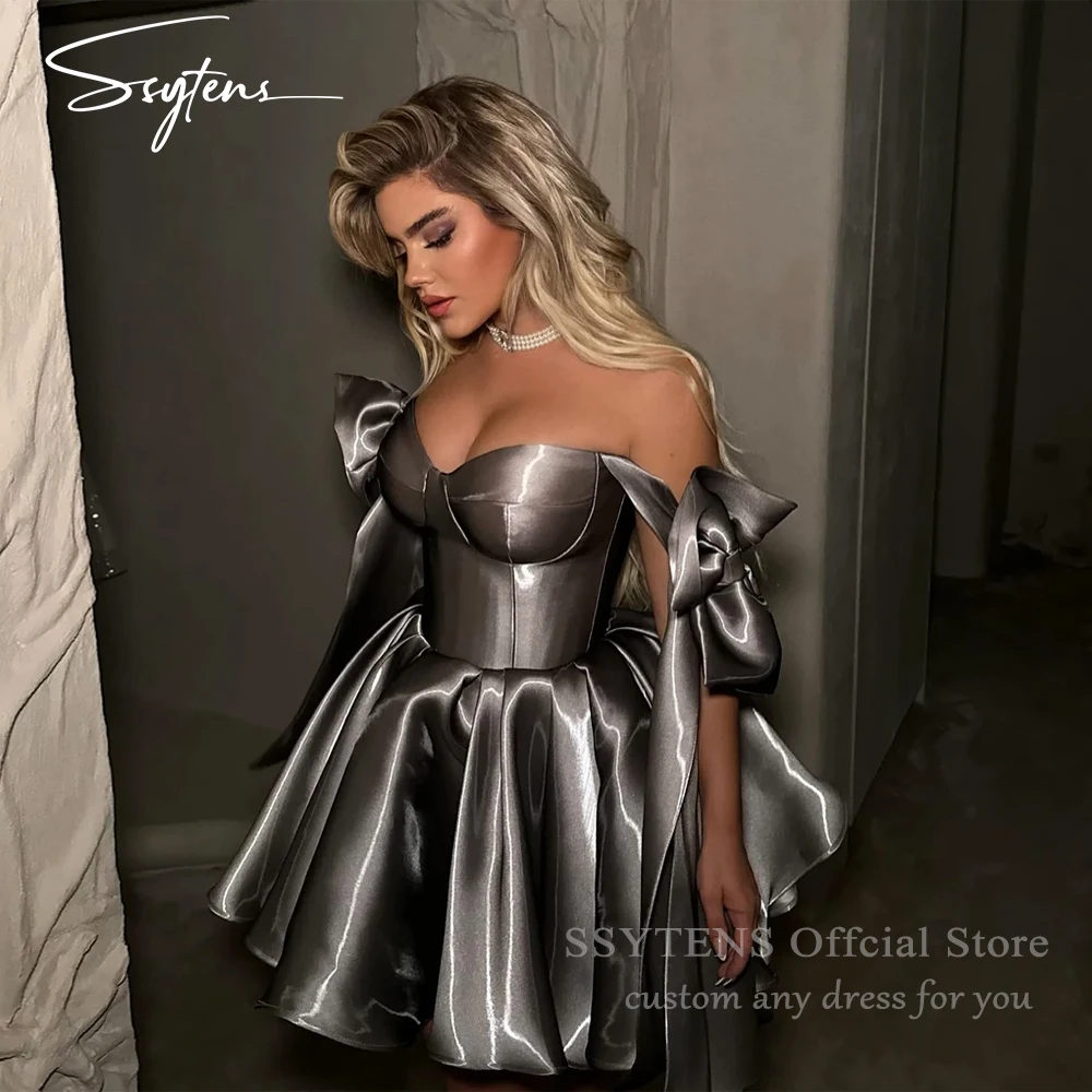 

SSYTENS Sexy Mini Shiny Evening Dresses Straps With Bows A-Line Short Prom Dresses Cocktail Occasion Robes De Soirée Customized