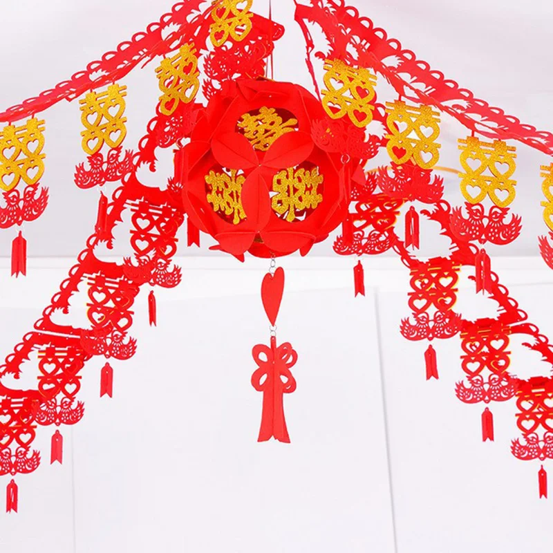 Chinese Style Hanging Flags Ornament Party Wedding Decoration For Home Double Happiness Heart Non-woven Banners Room Decor