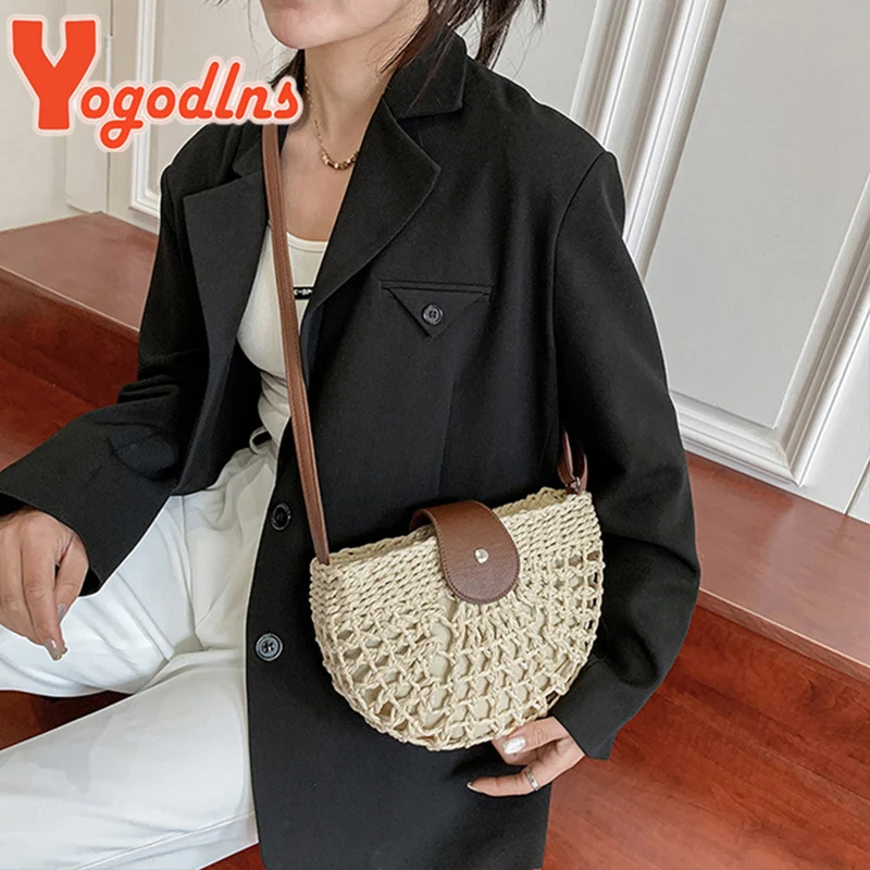 Yogodlns Summer Straw Bag For Women Fashion Semicircle Crossbody Bags Rattan Handmade Messenger Handbag Travel Beach Bags Tote