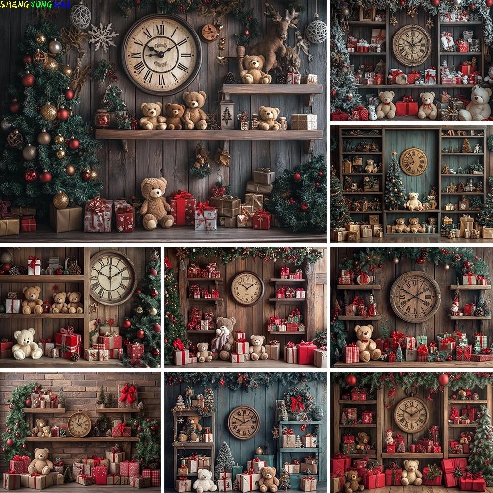 Noël nouvel an horloge décor toile de fond photographie Vintage arbres de noël cadeaux neige hiver intérieur Photo Studio fond VF-15