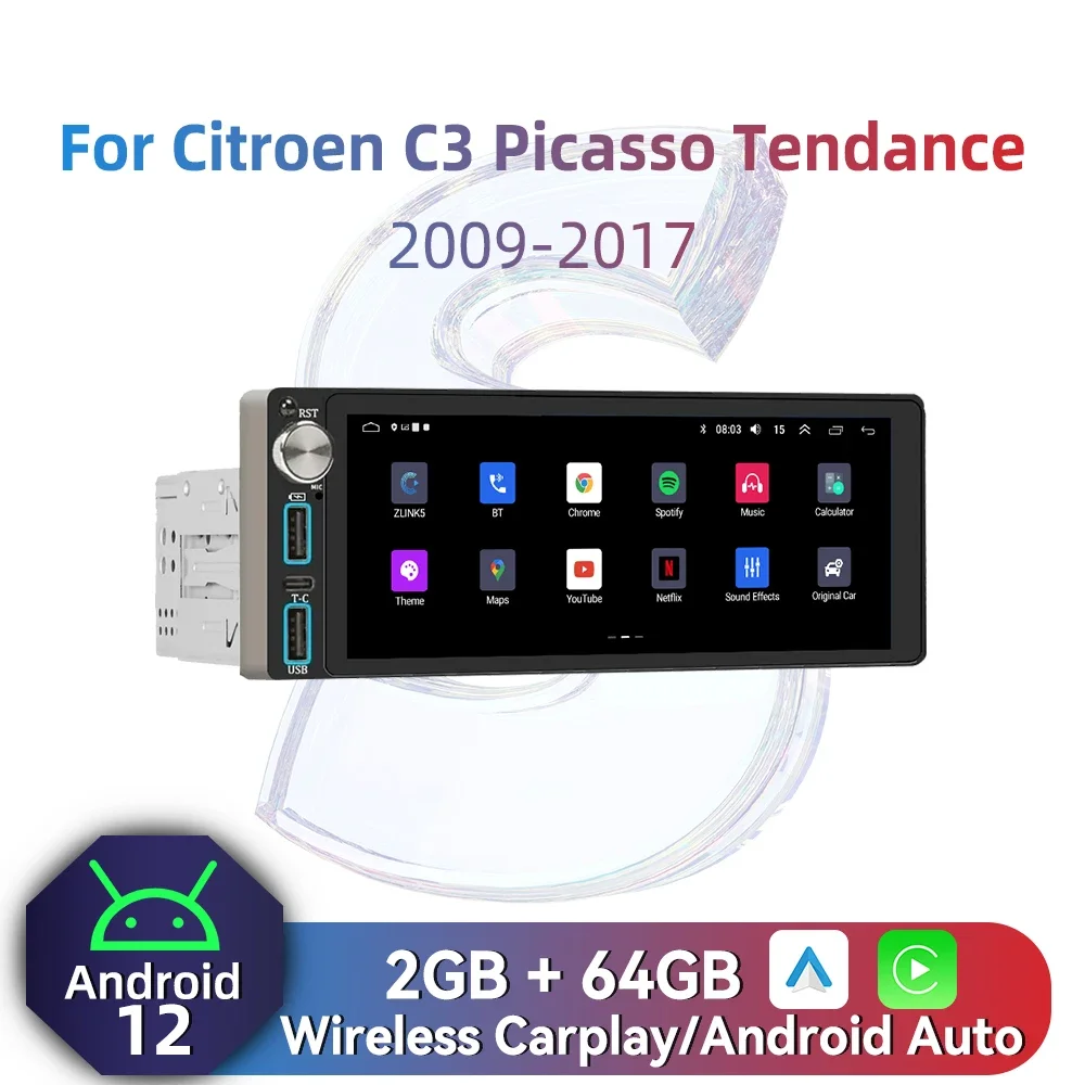 

Авторадио Carplay, 1-диночное радио, Android, автомобильное мультимедиа для Citroen C3 Picasso Tendance 2009-2017, 6,86 дюйма, стерео головное устройство, GPS