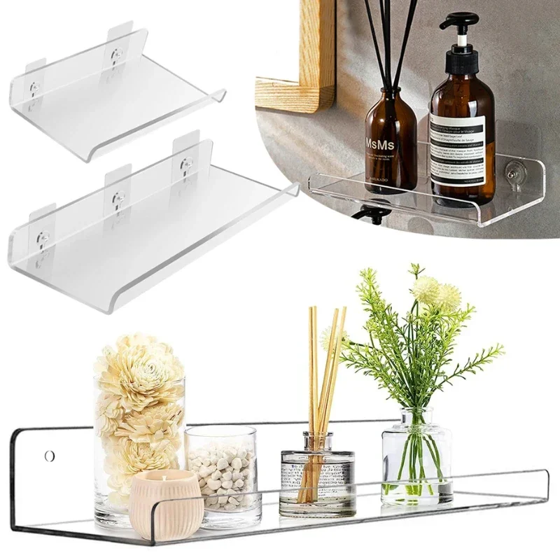 Clear Acrylic Floating Shelf Self Adhesive Storagefor Wall Decoration Toys Bookshelf Bathroom Soap Dispenser Holder