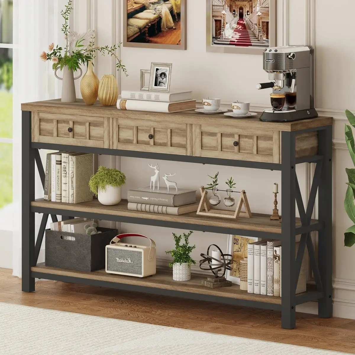 Entryway, Rustic Sofa Table with 3 Drawers for Living Room, Farmhouse Hallway Table