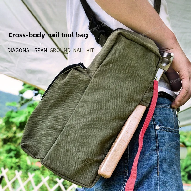 1PCS Outdoor Camping Canvas Crossbody Bag with Nail Hammer Tent Stake Wind Rope Storage Pocket Thickened for Easy Carry