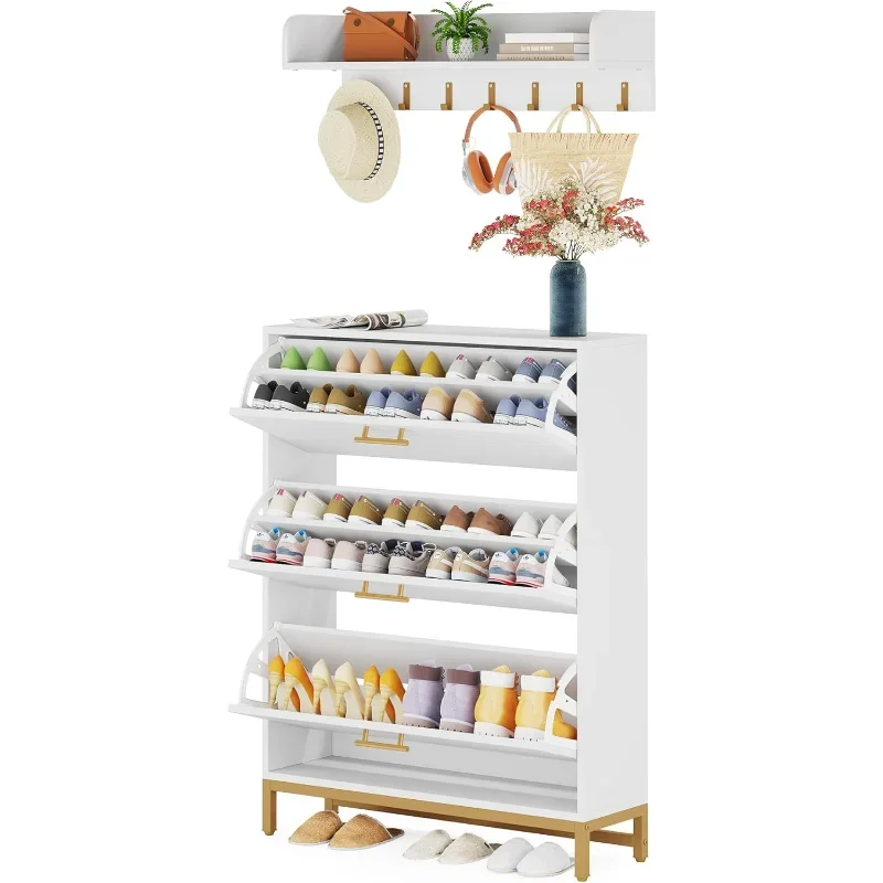 Little Tree Tipping Bucket Shoe Storage Cabinet And Wall Mounted Coat Rack Set,White And Gold Shoes Organizer Cabinets With 3