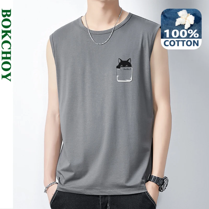 2024 Summer New Men Vest Thin Cool Soft Cotton Cute Cat Printing Wide Shoulder Sleeveless T-shirt Tank Tops Tees BOKV116