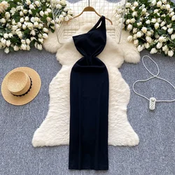 Sexy Diagonal Collar Vintage Single Strap Elegant Backless Chic Slim Split Dresses French Evening High Street Autumn Clothing