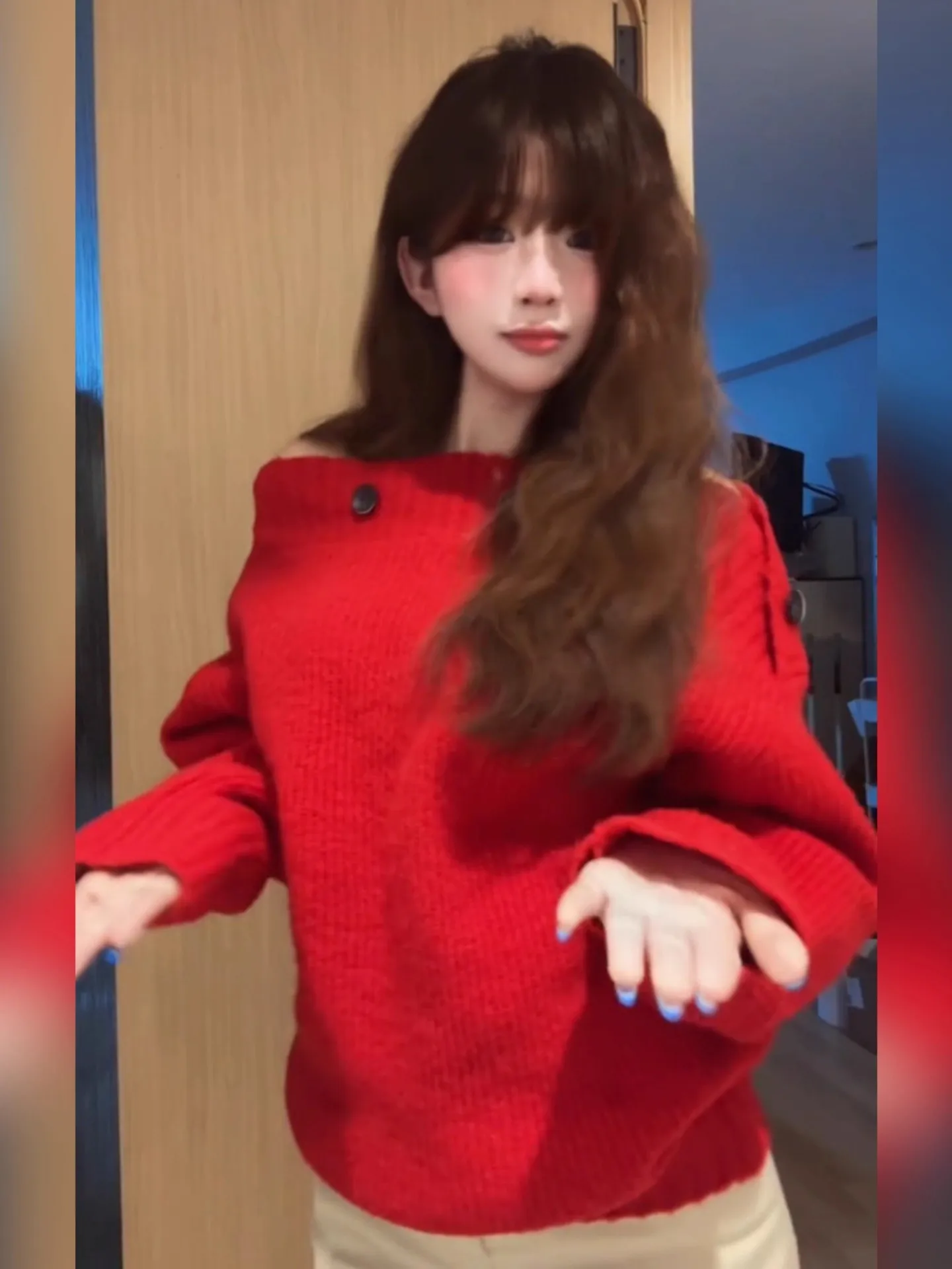 Cisas Theme Red oulder Bared Long Sve Knitted Sweater Loose Fit Women's Autumn Winter Faion Korean Sle Top