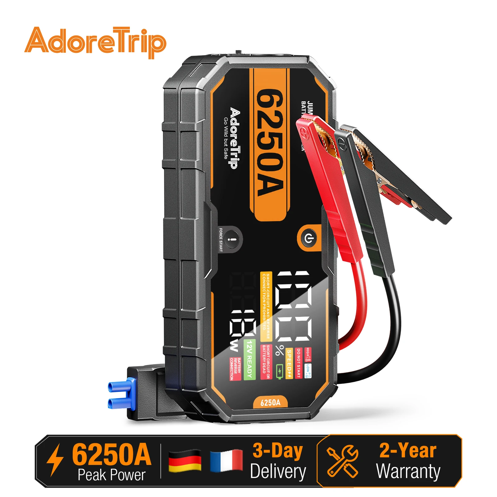 AdoreTrip Car 6250A Tragbares 12V Starthilfegerät Powerbank Auto-Batterie-Booster-Startergerät für Pickups, SUVs, Offroad-Fahrzeuge, 4x4, Boote