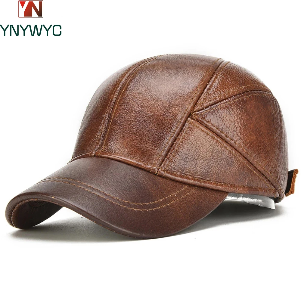 Hot Sale Male Fall Winter Genuine Real Cow Leather Baseball Hats Casual Real Leather Earflap Cap Men Real Cowhide Leather Caps