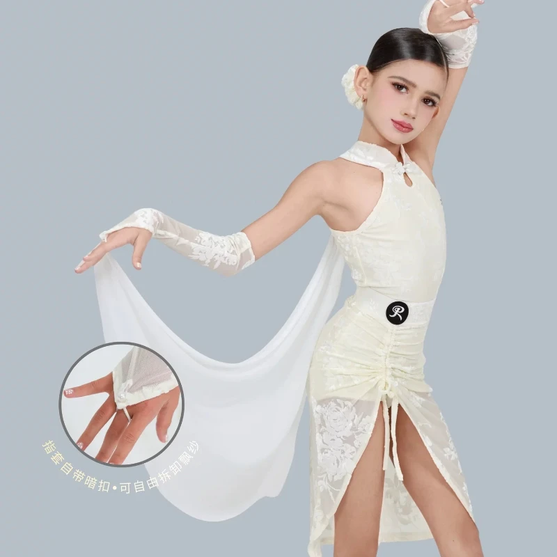 

Latin Dance Dress - Porcelain Glazed Flower Shadow - New Chinese Qipao Performance Dress Practice Dress Split Set