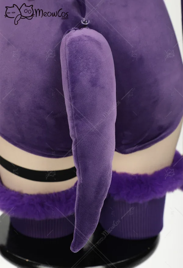 Meowcos Fantasma Roxo Cosplay para Mulher, bodysuit sexy macacão Halloween, pelúcia com capuz e meias, cinto e cauda