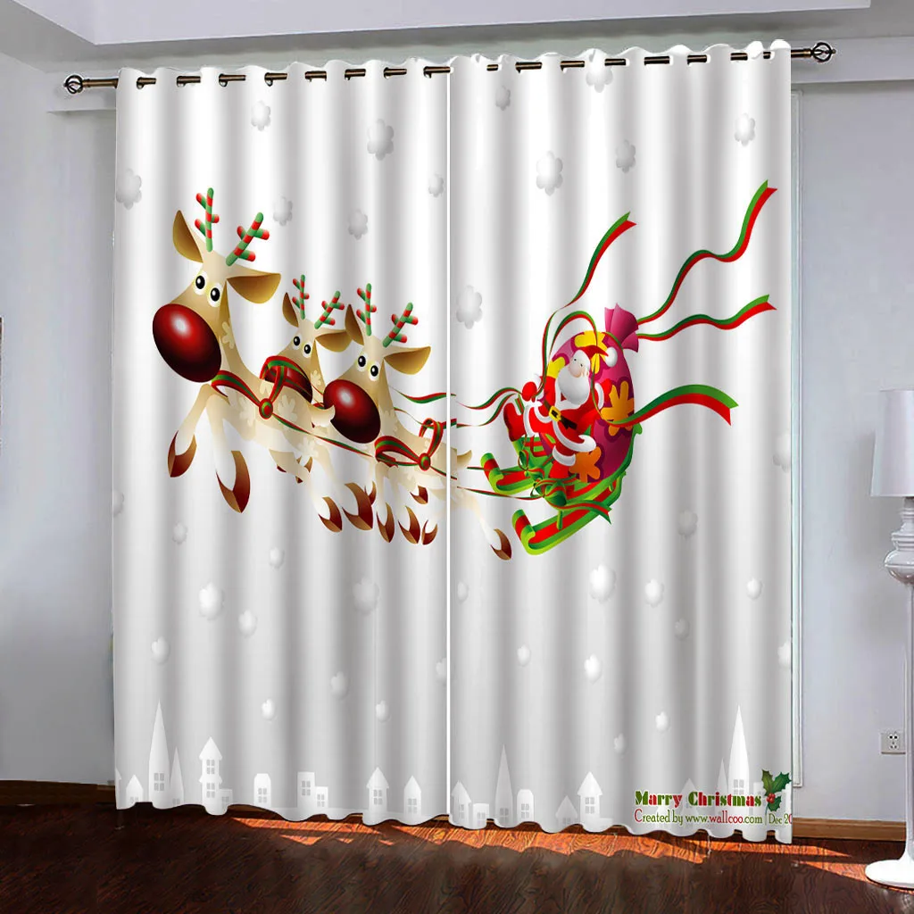 Cartoon Happy Christmas Stocking Window Curtains For Kids Bedroom Living Room Hall Treatments Kitchen Decor Drapes Blinds2pieces