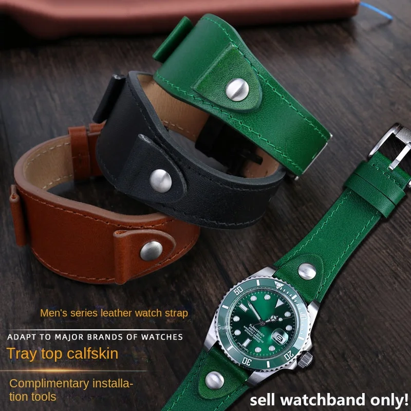 Vintage genuine belt tray watch strap for  Rolex Black/Green Water Ghost, Tudor,Tissot, Casio, Longines cowhide strap 20mm 22mm