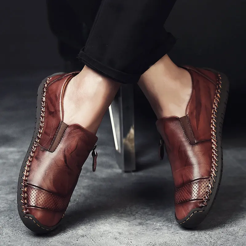 Zapatos informales clásicos para hombre, mocasines planos transpirables de cuero genuino con cremallera, para conducir, talla grande 38-48