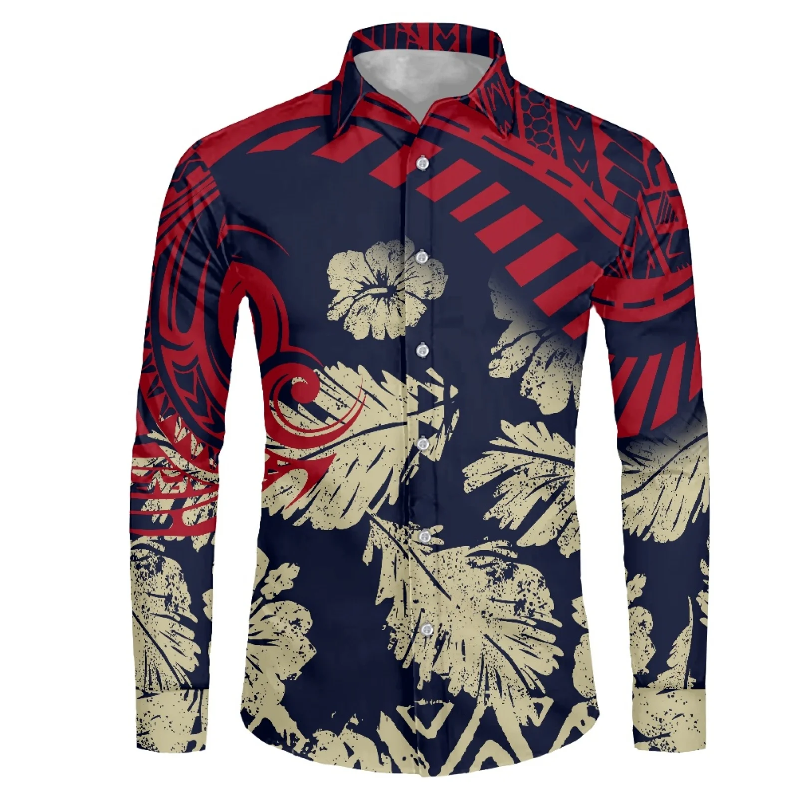 2023 Spring Traditional Tribe Mens Shirt Hibiscus Flowers Print Stand-up Collar Shirt  6XL Long Sleeve Buttons Men's Shirt