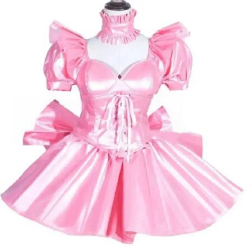 

Pink Girly Sexy Maid Girl Lockable Satin Corset Costume Customized Cosplay Dress for Halloween Glamour Glamorous Female Outfit