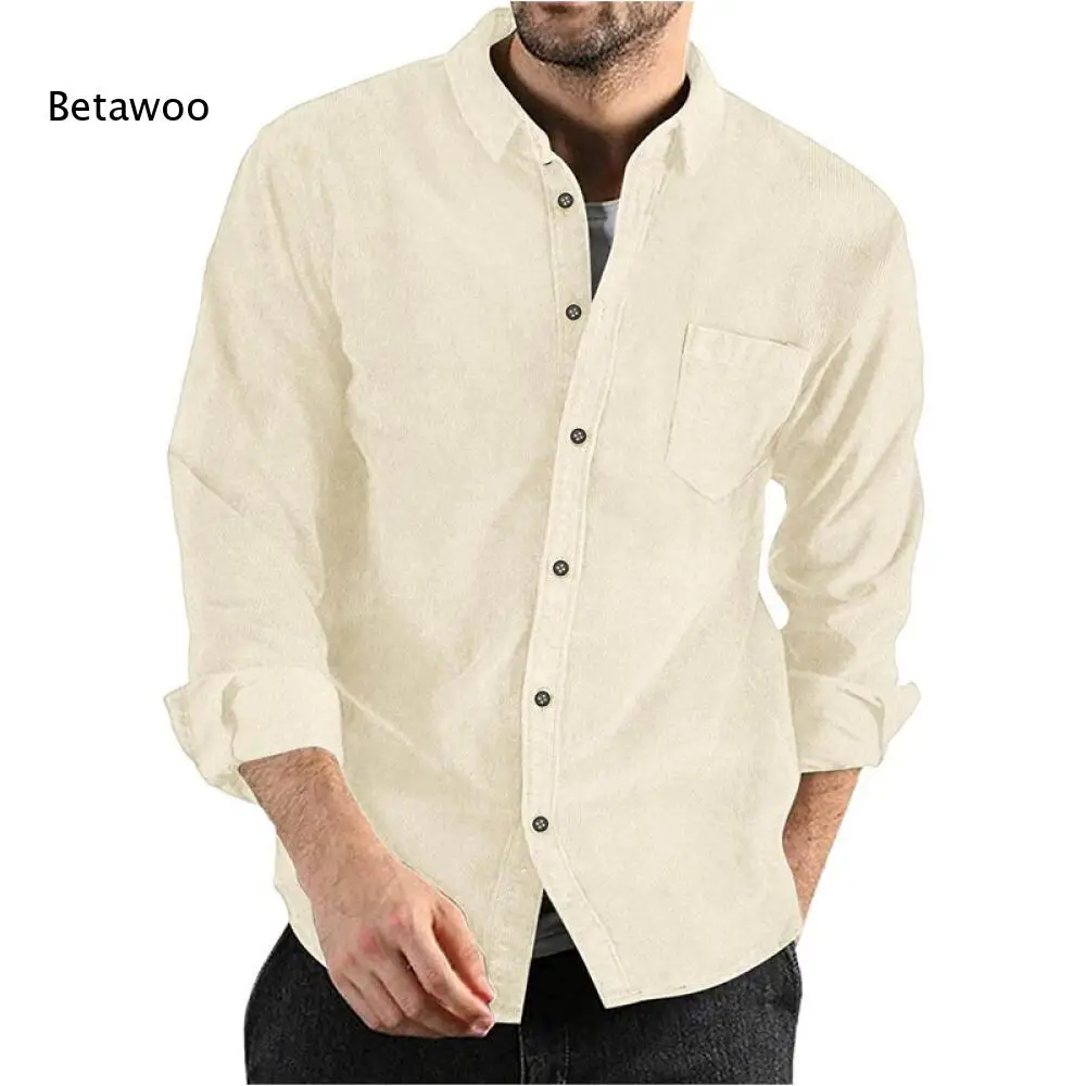 Men Corduroy Point Collar Long Sleeve Button Down Shirt Single Chest Pocket Loose Top For Autumn Daily Street Casual Wear