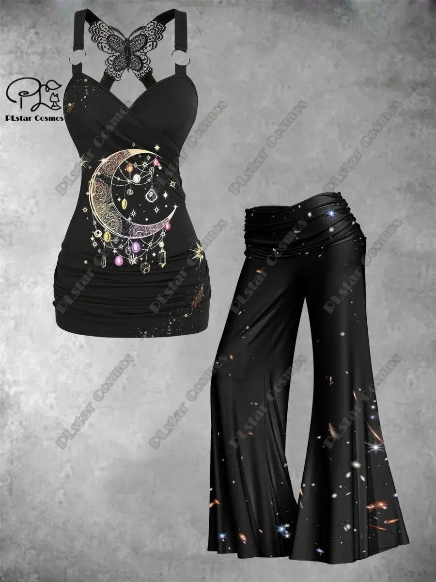 2023 new 3D printing owl fox moon dreamcatcher pattern female butterfly vest + wide-leg pants two-piece set