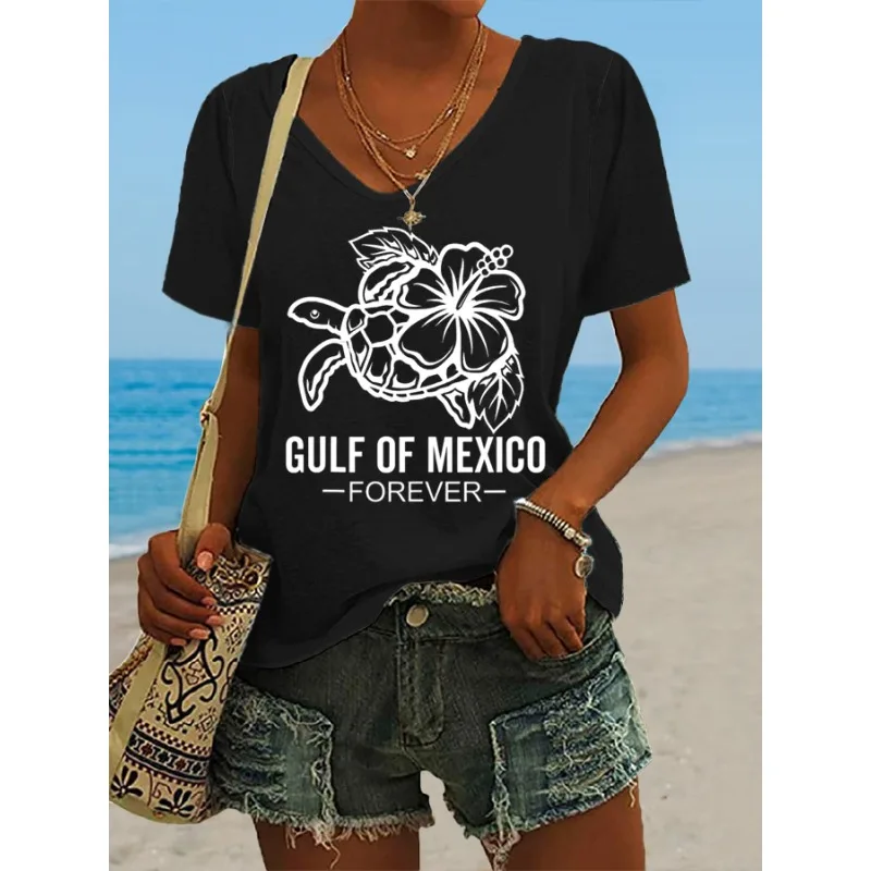 Ladies Short Sleeved T-Shirts Casual V Neck Summer Tops Gulf Of Mexico Day Printed T Shirt