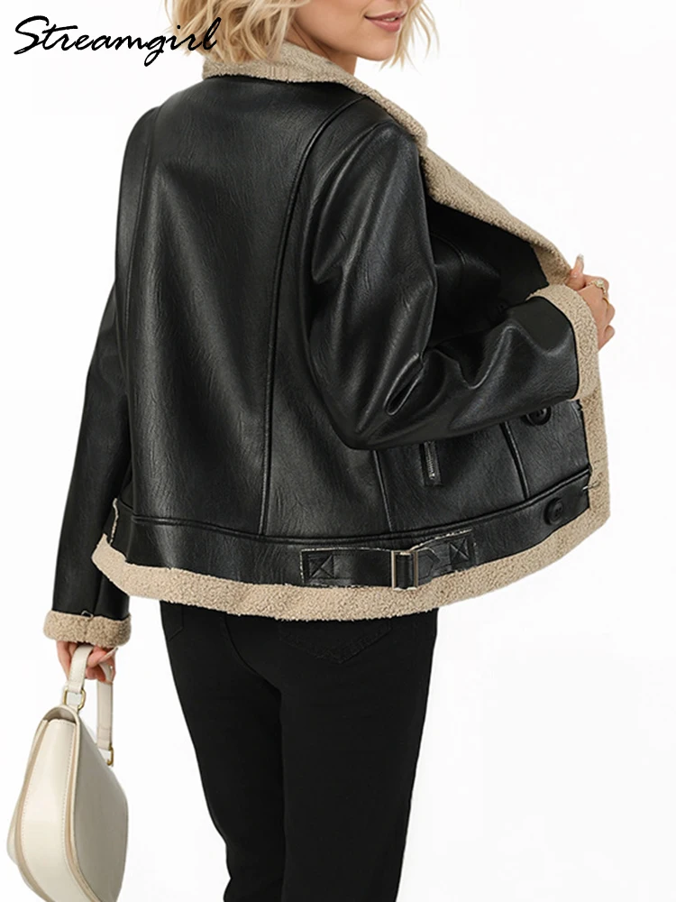 Streamgirl Winter PU Jackets For Women Warm Fleece Coat Black Thick Warm Leather Jacket Women Winter Fur Coats Outwear Spring