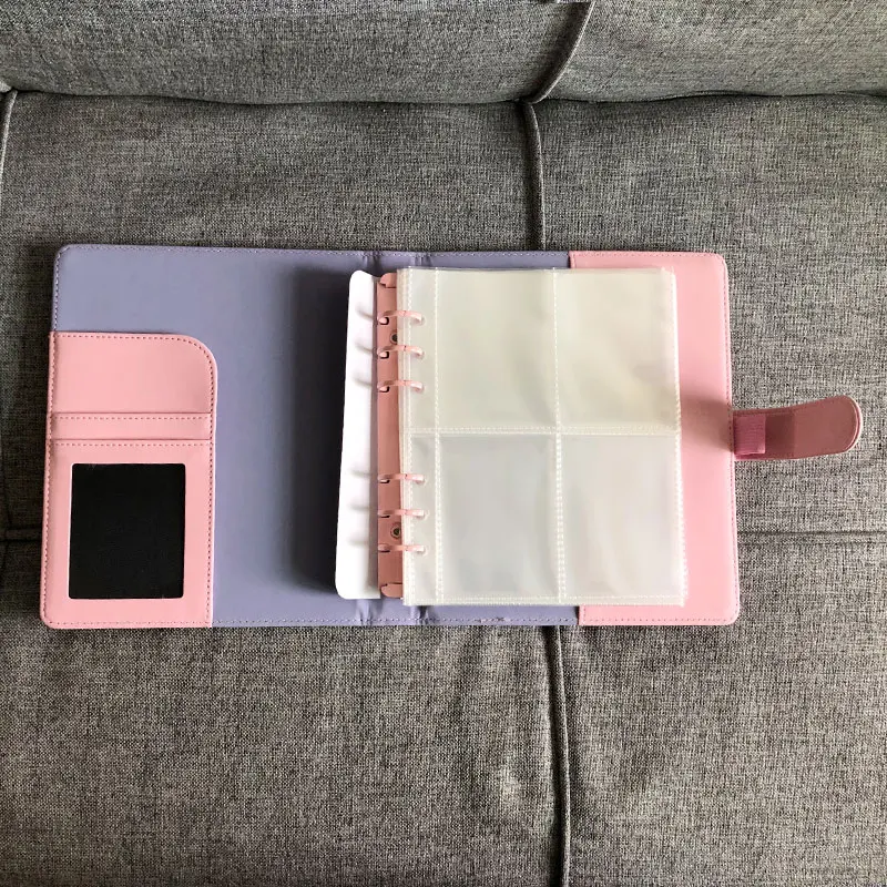 Macaron Color A6 6 Ring Binder PU Clip-on Notebook Leather Loose Leaf Notebook Cover Notebooks 3 inch Photo Card Collect Book