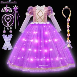 Tangled  Princess Dresses 2025 LED Light Dress up Girls Rapunzel Cosplay Costumes Carnival Party Dress Halloween Clothing 3-10Y